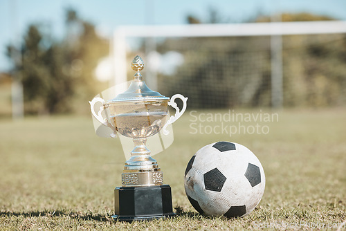 Image of Win, field and football and trophy for sports, game award and achievement in a contest. Fitness, grass and a prize or reward for soccer competition, championship or celebration of a goal at a stadium