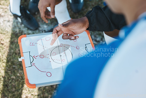 Image of Hands, soccer team or coach planning a strategy with tactics or training formation on sports field. Board, fitness or closeup of manager teaching football players a game plan for match or workout