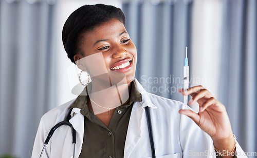 Image of Healthcare, black woman and doctor with vaccine, injection and virus immunity in hospital. Happy female medical worker with needle for medicine, vaccination and safety of disease in clinic services