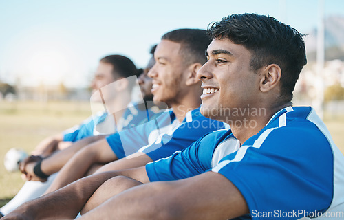 Image of Sports, teamwork and soccer with men on field for training, challenge and championship game. Workout, health and goal with group of people in football stadium for solidarity, support and athlete