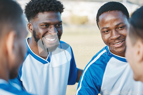 Image of Happy, fitness and men for soccer as a team with conversation, training and motivation. Smile, exercise and diversity with athlete people speaking about football competition or strategy for a game