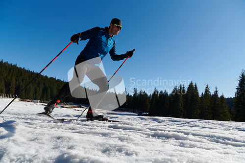 Image of Nordic skiing or Cross-country skiing classic technique practiced by man in a beautiful panoramic trail at morning.Selective focus.