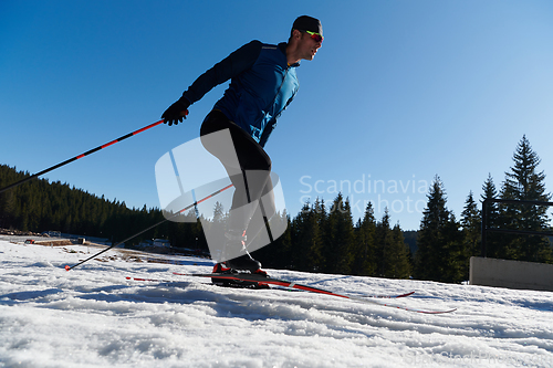 Image of Nordic skiing or Cross-country skiing classic technique practiced by man in a beautiful panoramic trail at morning.Selective focus.