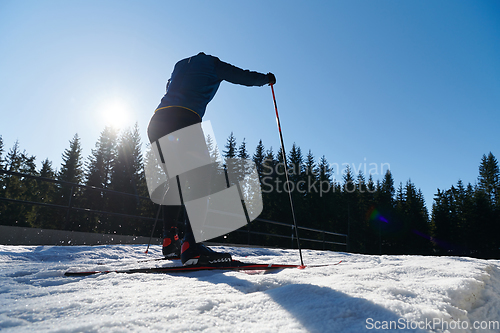 Image of Nordic skiing or Cross-country skiing classic technique practiced by man in a beautiful panoramic trail at morning.Selective focus.