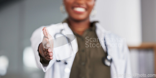 Image of Open handshake, doctor and woman with welcome, smile or respect for hiring, recruitment or healthcare job. Medic, palm or happy for shaking hands, onboarding or agreement in human resources at clinic