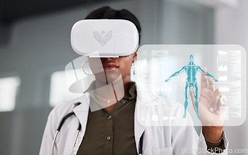 Image of Doctor, woman and virtual reality glasses for hologram, human anatomy and click for analysis in clinic. African medic, holographic ux and ar vision with press, data analytics or 3d model in metaverse