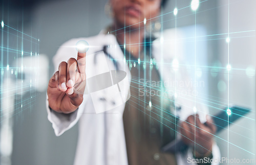 Image of Doctor, woman and hologram overlay for health, click and finger for choice, telehealth network and tablet in clinic. Medic, hand and press on futuristic dashboard, digital ux and medical research job