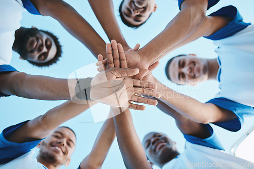 Image of Portrait, stack or team with sports, hands or fitness with support, collaboration or motivation. Male people, players or group with prep talk, huddle or soccer with wellness, commitment or solidarity