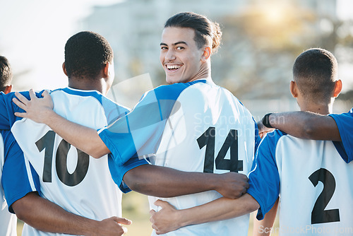 Image of Start, teamwork or portrait of soccer player on field for training, challenge and championship game. Happy man, back or group of sports people in football stadium for solidarity, support or fitness