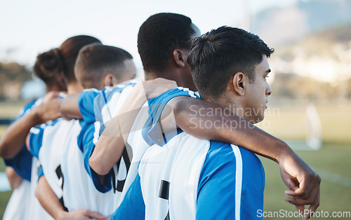 Image of Sports, teamwork and fitness with soccer player on field for training, challenge and championship game. Workout, health and goal with group of people in football stadium for solidarity and athlete