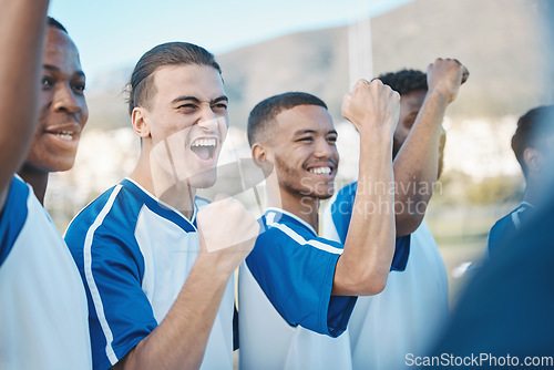 Image of Soccer player, victory or excited team in celebration for goal or success on a field in sports game together. Winners, teamwork or happy football players winning a tournament match achievement prize