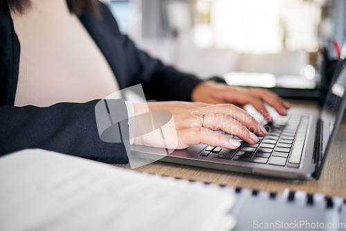 Image of Hands, typing and laptop in office with notebook, planning or post schedule for blog content creator. Copywriting woman, website manager and computer with keyboard, ideas or social media in workplace