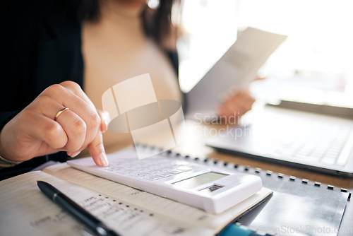 Image of Hands, calculator and accountant working with documents, financial report or analysis of audit, taxes or budget. Finance, employee or planning with numbers, data or growth in business investment