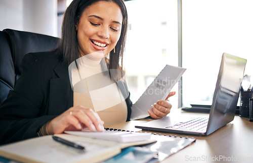 Image of Accountant, woman and working with calculator for documents, financial report or analysis of audit, taxes or budget. Finance, employee or happy with investment, profit or planning growth in business