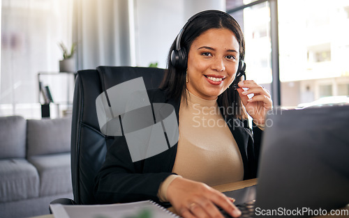 Image of Happy woman, call center and laptop with headphones for customer service, support or remote work at home office. Friendly female person, consultant or freelance agent smile in online advice or help