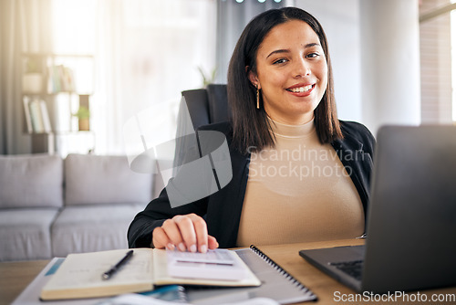 Image of Accountant, woman and portrait in office with documents, financial report or analysis of audit, taxes or budget. Finance, employee or happy with investment, profit or planning growth in business