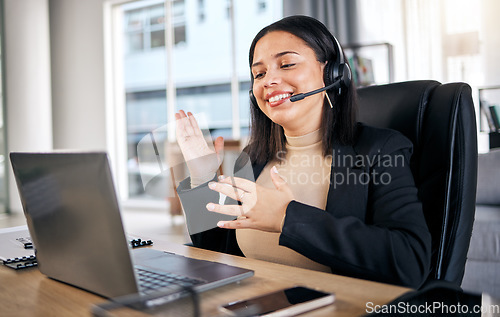 Image of Business woman, call center and laptop in video call for consulting, telemarketing or customer service at office. Female person, consultant or agent in virtual meeting on computer for online advice