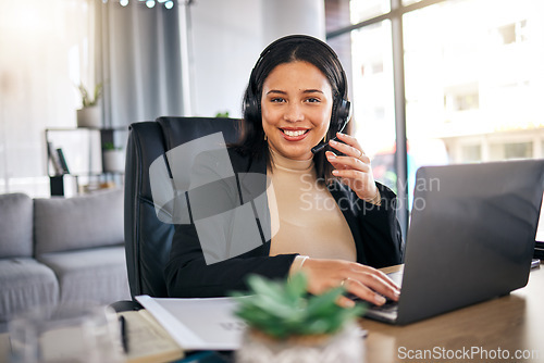 Image of Happy woman, call center and laptop with headphones in remote work for customer service or support at home office. Friendly female person, consultant or freelance agent smile in online advice or help