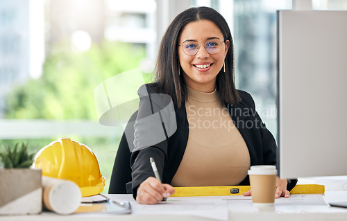 Image of Architect portrait, office blueprint and happy woman drawing development project, floor plan or design. Creative Illustration, career smile and professional person planning architecture engineering