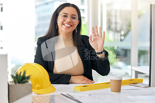 Image of Architect portrait, office and happy woman greeting, wave hello and work on development project, floor plan or design. Job career, smile and friendly person welcome in architecture engineering office