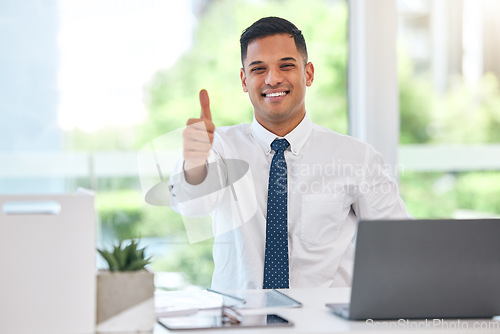 Image of Happy businessman, portrait and thumbs up for success, good job or agreement by office desk. Man, accountant or employee smile with OK emoji, yes sign or like for business approval at the workplace