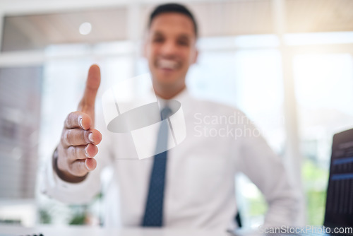 Image of Closeup of a businessman stretching for shaking hands gesture for partnership, greeting or agreement. Success, welcome and zoom of professional male person with a handshake for welcome in the office.