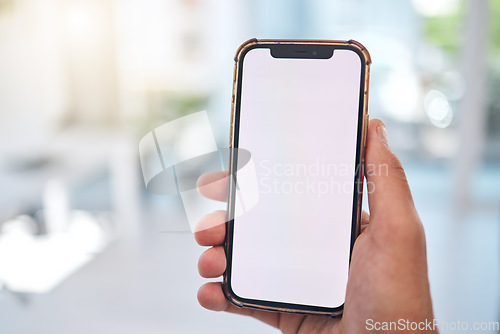 Image of Hand, blank phone screen and business man with mock up space, web design or ux for mobile app logo in office. Person pov, smartphone and ui for brand, promotion and networking in financial workplace