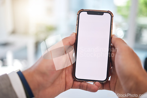 Image of Hands, blank phone screen and man in office with mockup space, web design or ux for mobile app logo. Business person pov, smartphone and ui for brand, promotion and networking in financial workplace