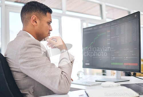 Image of Businessman, thinking and stock market for financial investment, trading or cryptocurrency at office. Man, broker or trader monitoring finance, profit or increase on graph or chart on PC at workplace