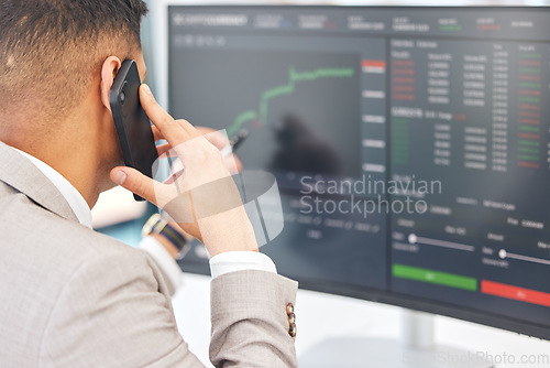 Image of Businessman, phone call and stock market for financial investment, trading or cryptocurrency at office. Man, broker or trader monitoring finance for profit, advice or graph increase on PC screen