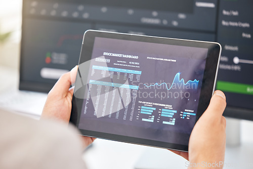 Image of Tablet in hands, statistics and stock market with fintech and trading, invest and financial graph on dashboard. Finance information, trader person and cryptocurrency, data analysis, charts and app