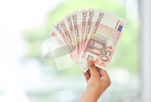 Image of Cash in hand, euros and money fan with finance, reward and prize with giveaway bonus and financial freedom. Bills, notes and person with wealth, payment and lotto with cashback and mockup space