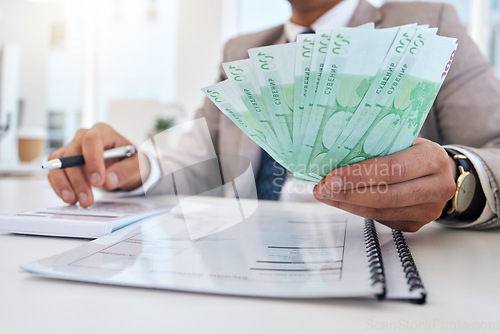 Image of Businessman, money and documents with calculator for accounting, budget planning or finance on office desk. Closeup of man or accountant hands with cash for savings, audit or salary at the workplace