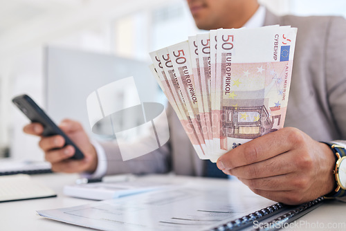 Image of Businessman, money and phone with documents for accounting, budget planning or finance on office desk. Closeup of man or accountant hands with cash and smartphone in savings, audit or salary on table