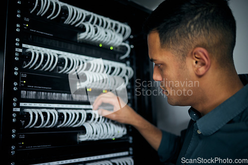 Image of Database, server room and engineer with man for maintenance, programmer and cyber security. Technology, developer and it solution with closeup of person for cloud computing, coding and software