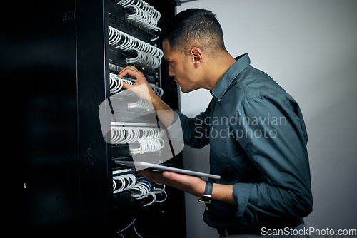Image of Engineer man, tablet and cables in server room inspection, thinking or check for analysis, night and programming. Information technology expert, touchscreen or database with problem solving mindset