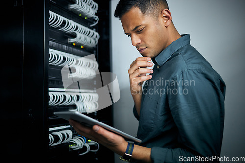 Image of Engineer man, tablet and thinking in server room inspection, coding and check for analysis, night or programming. Information technology expert, touchscreen or database for mindset, idea or solution