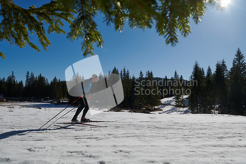 Image of Nordic skiing or Cross-country skiing classic technique practiced by man in a beautiful panoramic trail at morning.Selective focus.