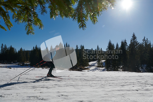 Image of Nordic skiing or Cross-country skiing classic technique practiced by man in a beautiful panoramic trail at morning.Selective focus.