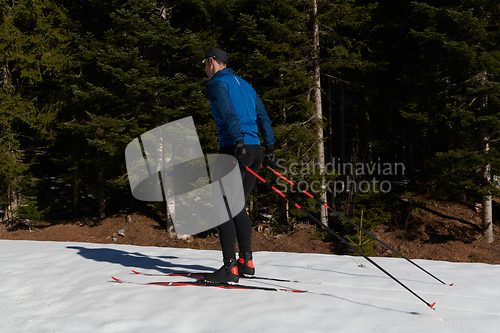 Image of Nordic skiing or Cross-country skiing classic technique practiced by man in a beautiful panoramic trail at morning.Selective focus.