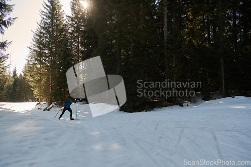 Image of Nordic skiing or Cross-country skiing classic technique practiced by man in a beautiful panoramic trail at morning.Selective focus.