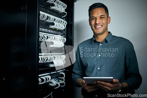 Image of Engineer man, tablet and portrait in server room with smile, coding and check for analysis, night or programming. Information technology expert, touchscreen and happy for cybersecurity with database