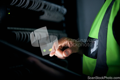 Image of Database, server room and tablet with hands of man for engineer, programmer and cyber security. Technology, developer and it solution with closeup of person for cloud computing, coding and software
