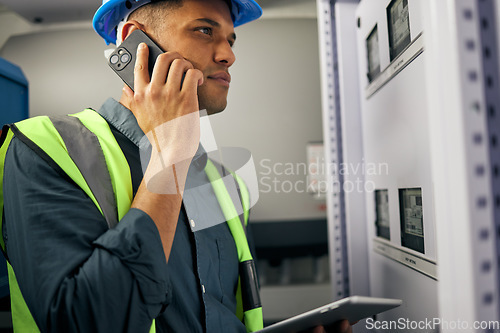 Image of Phone call, man and engineering in control room or technician with switchboard, power box or maintenance on generator. Electrician, construction worker and check on inverter, server and advice