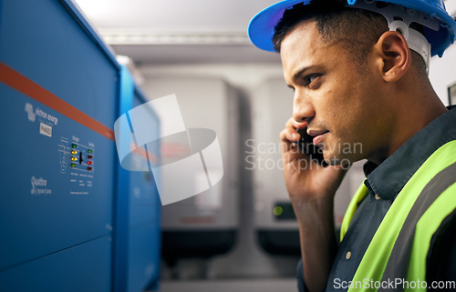 Image of Phone call, man and technician working in control room or engineering service on switchboard, power box or maintenance on generator. Electrician, construction worker and check on inverter and advice