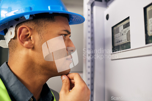 Image of Electrician, thinking and technician with man in control room for inspection, quality assurance and energy. Electricity, safety and industrial with handyman for maintenance, check and power box