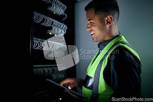 Image of Technician man, check and tablet in server room inspection, thinking or smile for analysis, night or programming. Information technology engineer, touchscreen or database with problem solving mindset