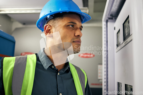 Image of Electrician, engineering and technician with man in control room for inspection, quality assurance and energy. Electricity, safety and industrial with handyman for maintenance, check and power box