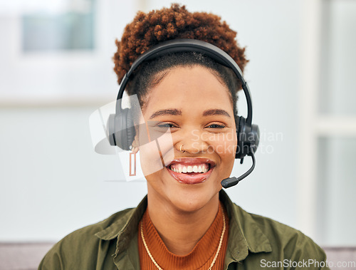 Image of Call center, black woman and portrait of telemarketing agent smile with microphone in customer service, web support or CRM. Face of happy female sales consultant for telecom questions, FAQ or contact