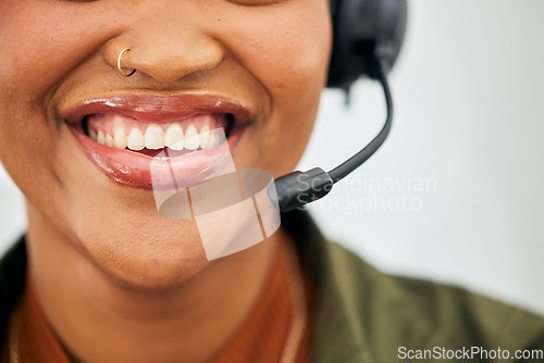 Image of Call center, woman mouth and smile of telemarketing agent with microphone for customer service, web support or CRM. Closeup face of happy female sales consultant for telecom questions, FAQ or contact